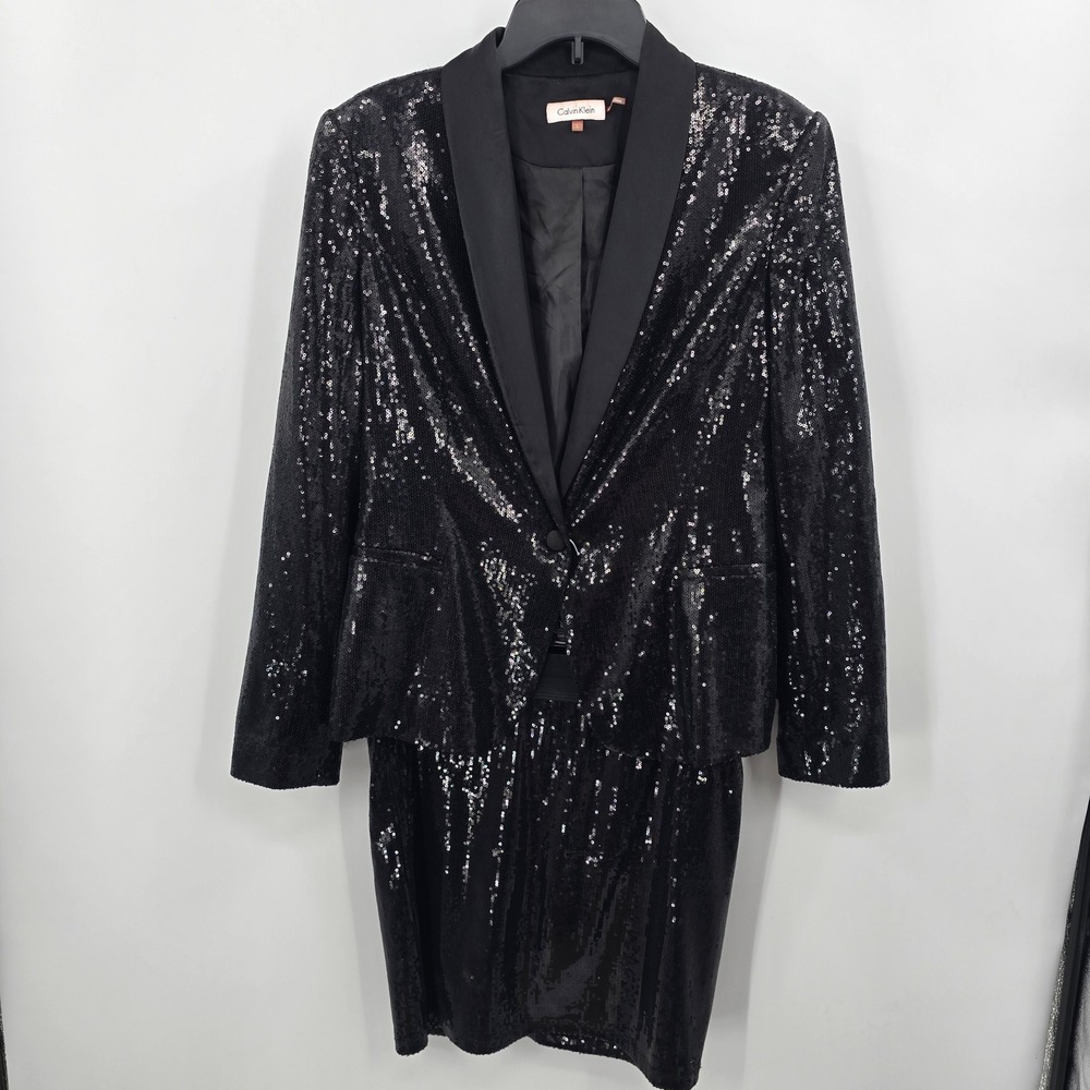Calvin Klein Womens Black Sequin Blazer and Skirt 2 Piece Set Tuxedo Style L